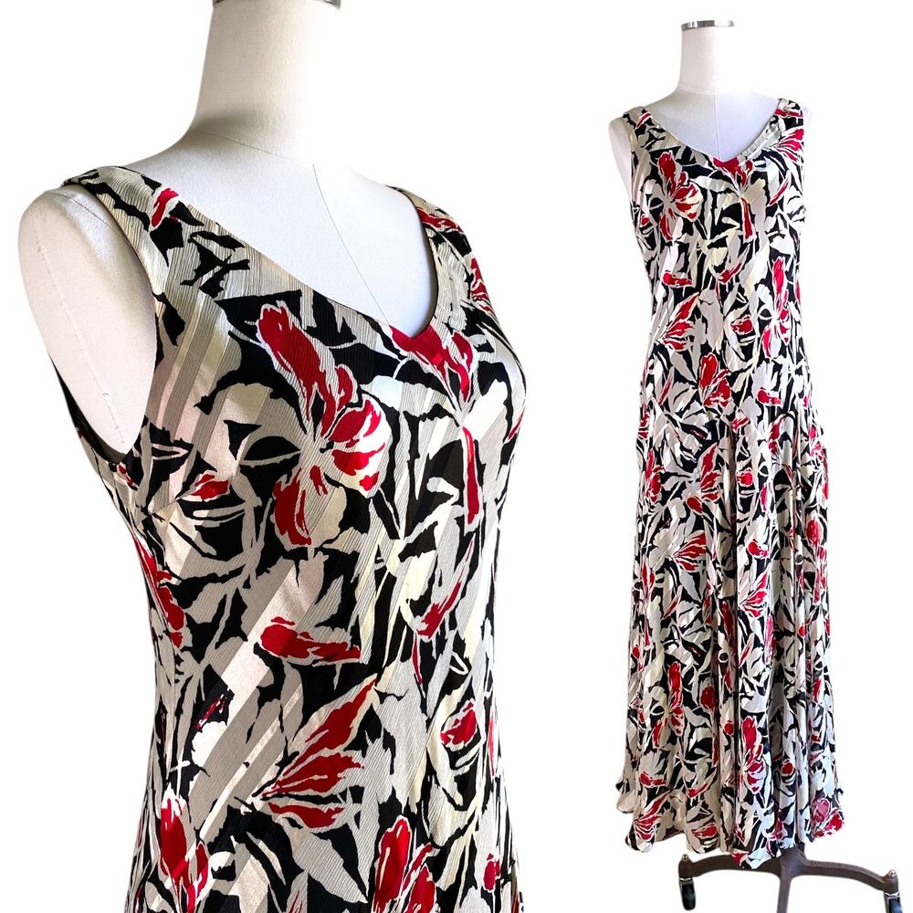 90s Jones New York Collection Black Red Floral Silk Bias Cut Maxi Dress 10
